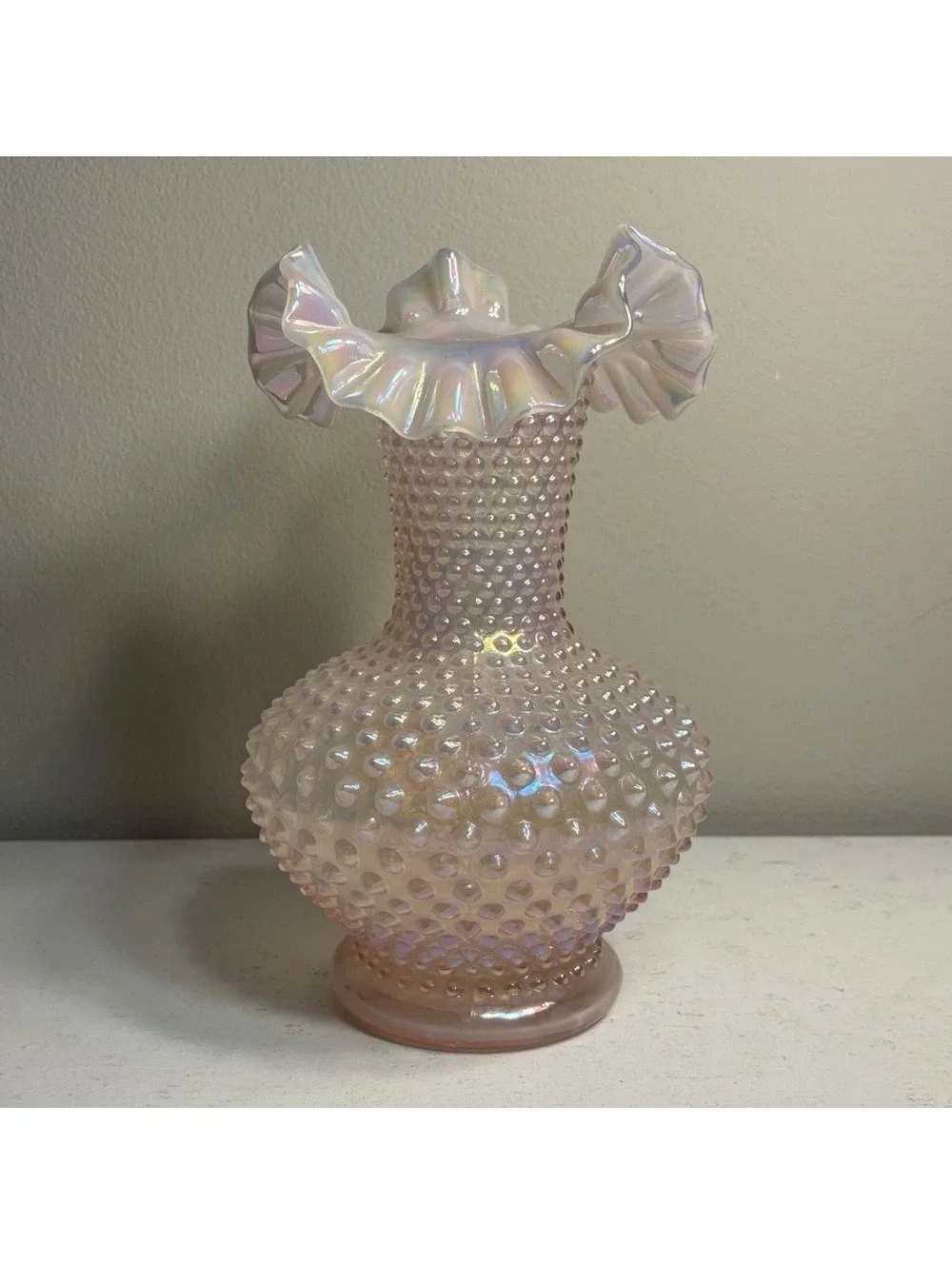 Fenton Iridescent Opalescent Champagne Pink Hobnail Double Crimped Vase 10 1/2